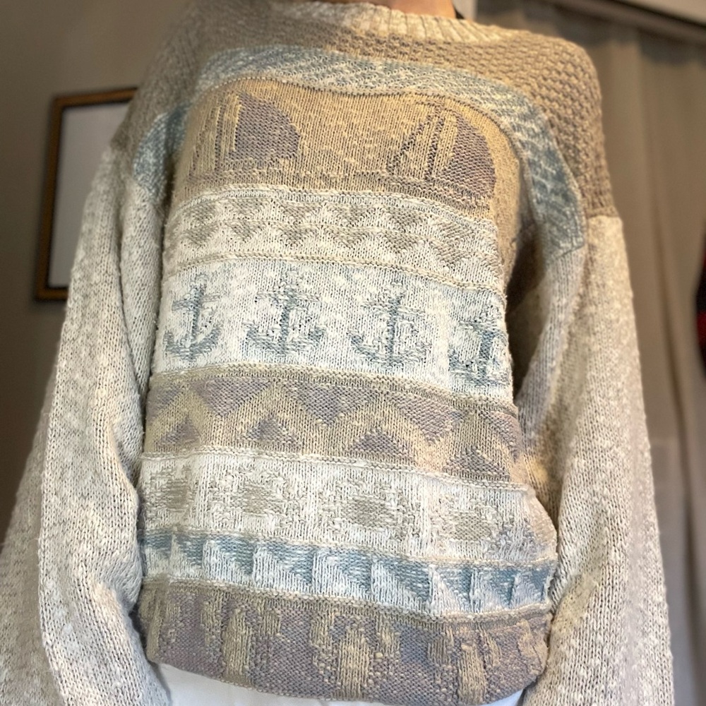 Y2K Cozy Beige and Blue Patterned Sweater